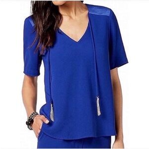 Trina Turk shirt royal blue silver tassel tie neck stitching